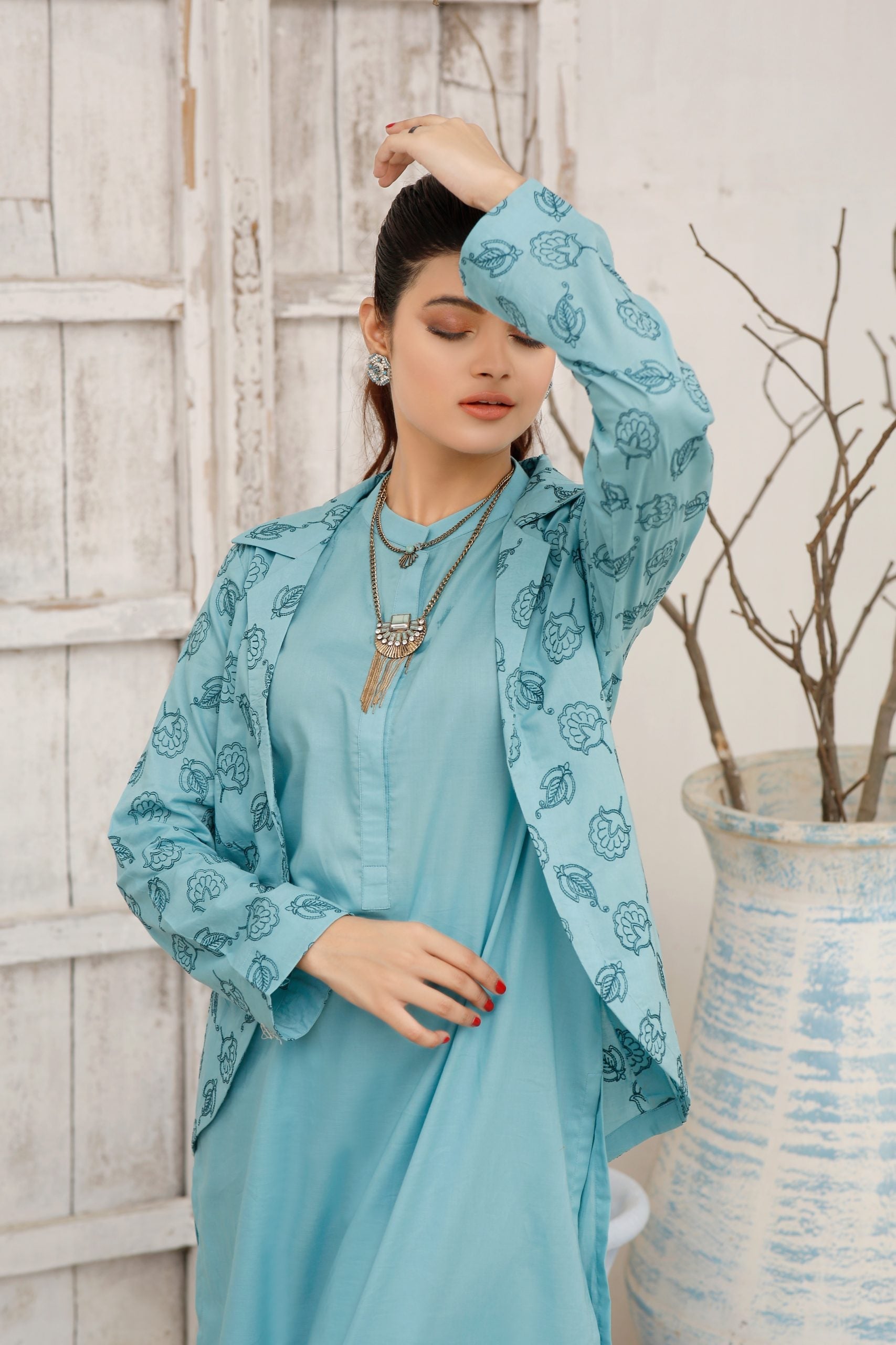Icy Stitched 3 Piece Cotton Suit with  Embroidered Coat