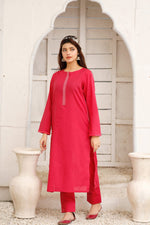 Load image into Gallery viewer, Raspberry Stitched 2 Piece Embroidered Cotton Suit