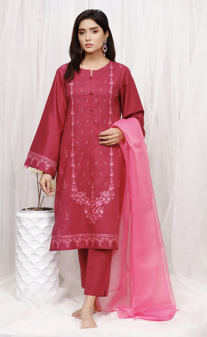 Magenta Stitched 2 Piece Embroidered Cotton Suit