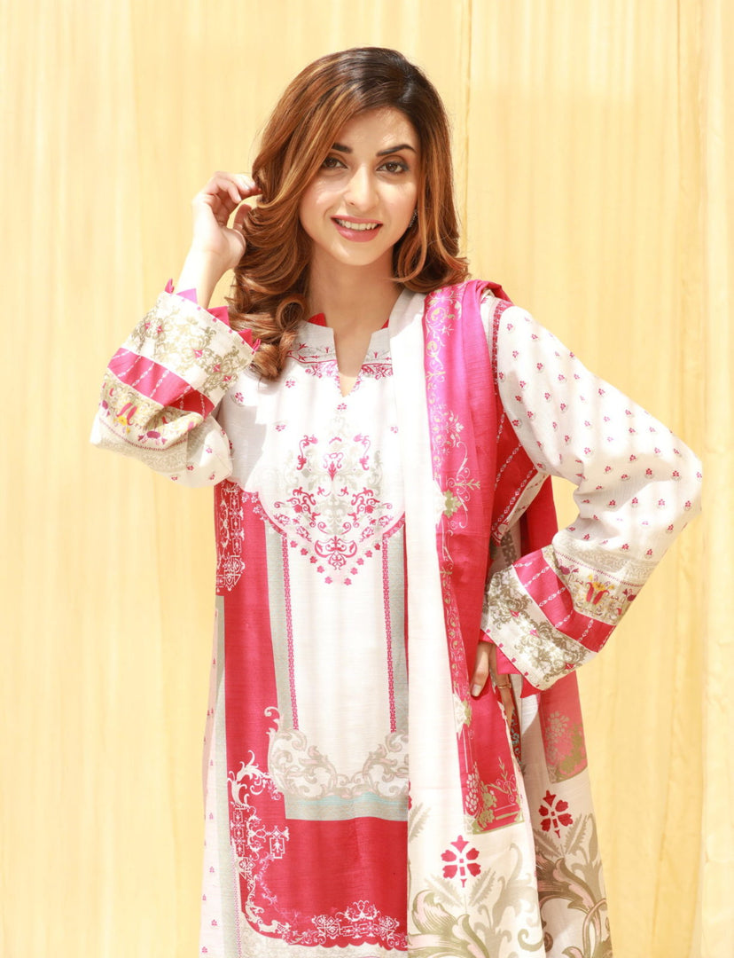 Tinted Pink Unstitched 3 Piece Printed Khaddar Suit