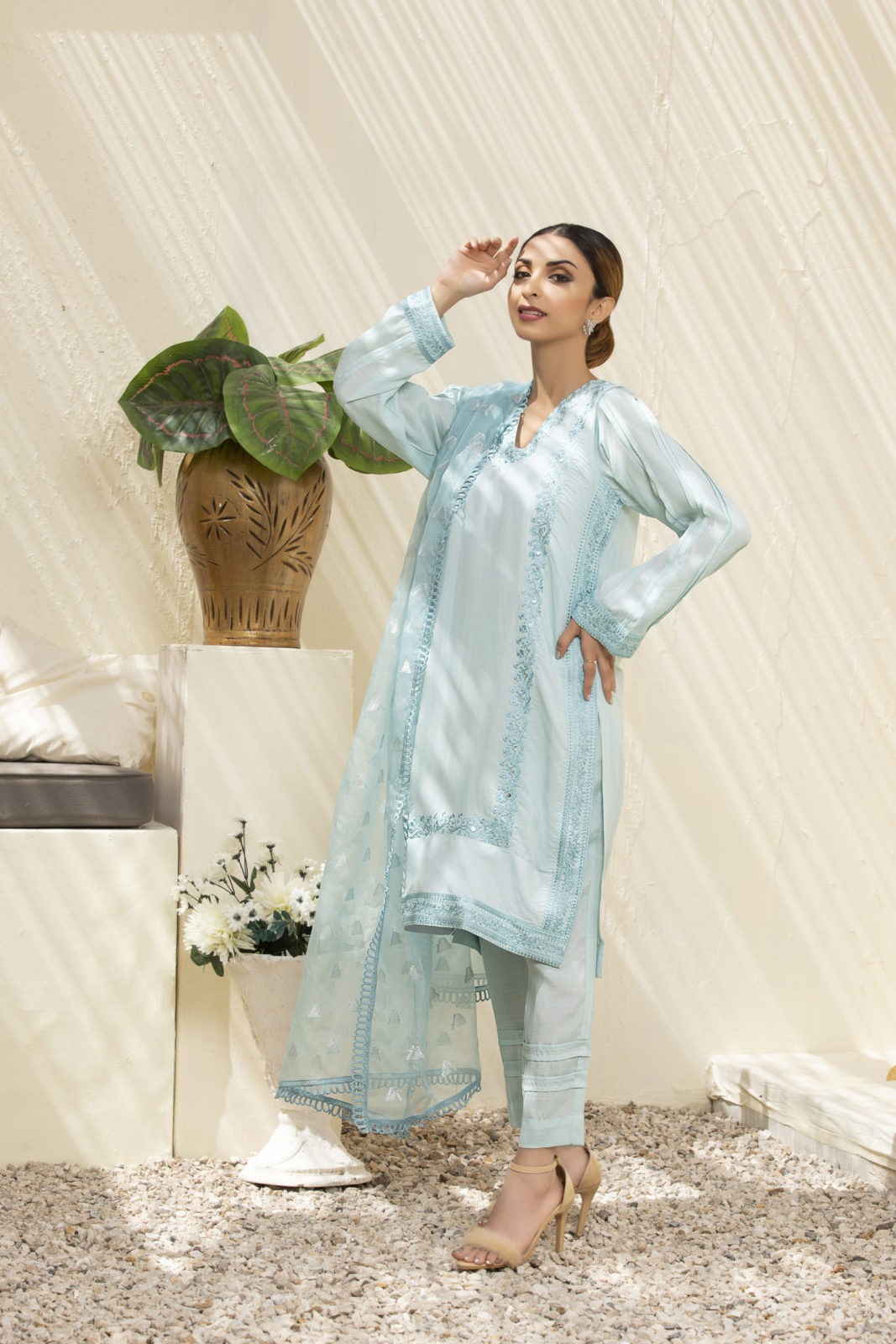 Powder Blue Stitched 3 Piece Embroidered Sequin work Silk Suit