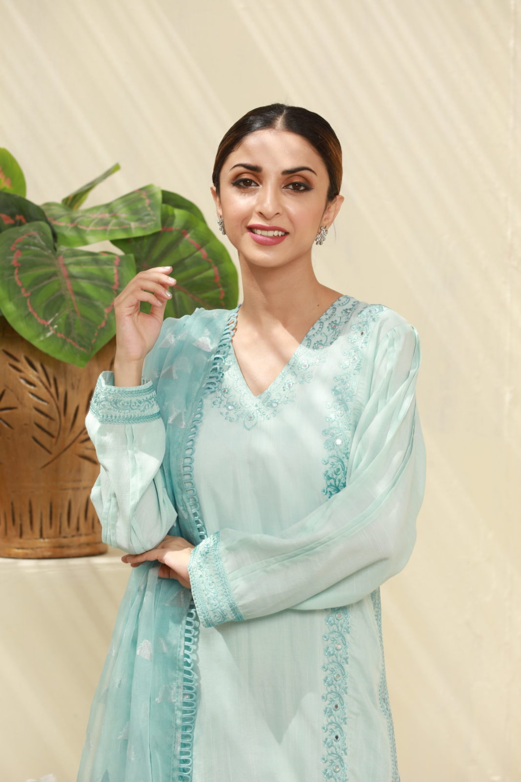 Powder Blue Stitched 3 Piece Embroidered Sequin work Silk Suit