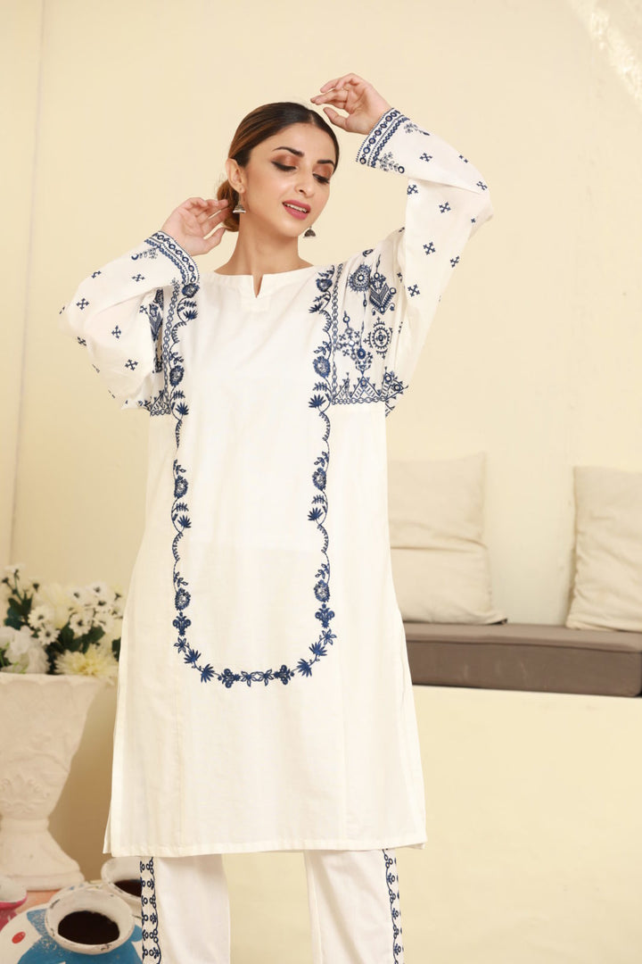 White Stitched 2 Piece Embroidered Cambric Cotton Suit