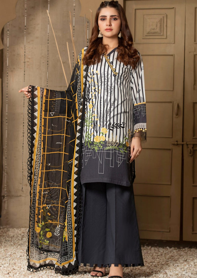 Brushed Black Unstitched 3 Piece Emrdoidered Lawn Suit