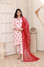 Load image into Gallery viewer, Peach Stitched 3 Piece Embroidered Silk Organza Dupatta Suit