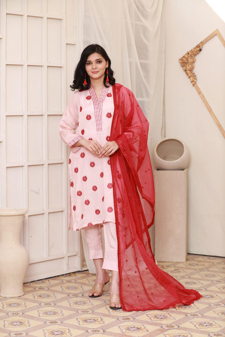 Peach Stitched 3 Piece Embroidered Silk Organza Dupatta Suit