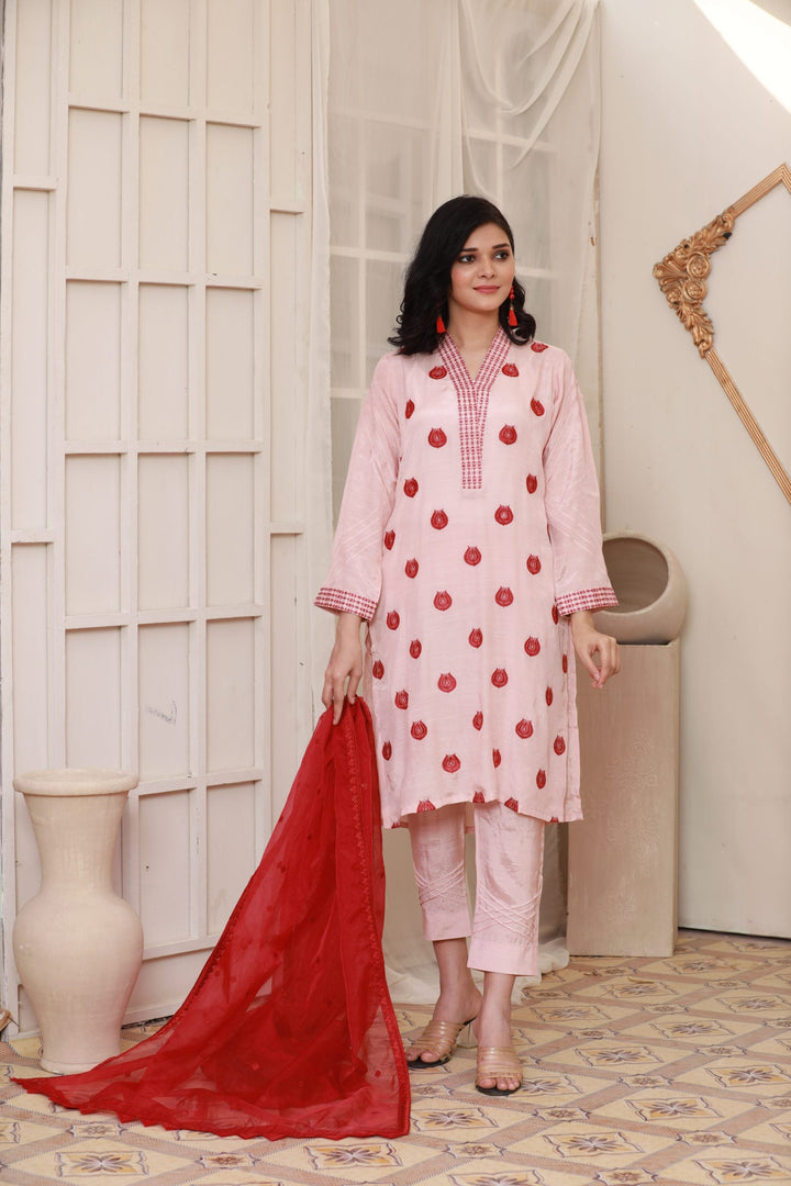 Peach Stitched 3 Piece Embroidered Silk Organza Dupatta Suit