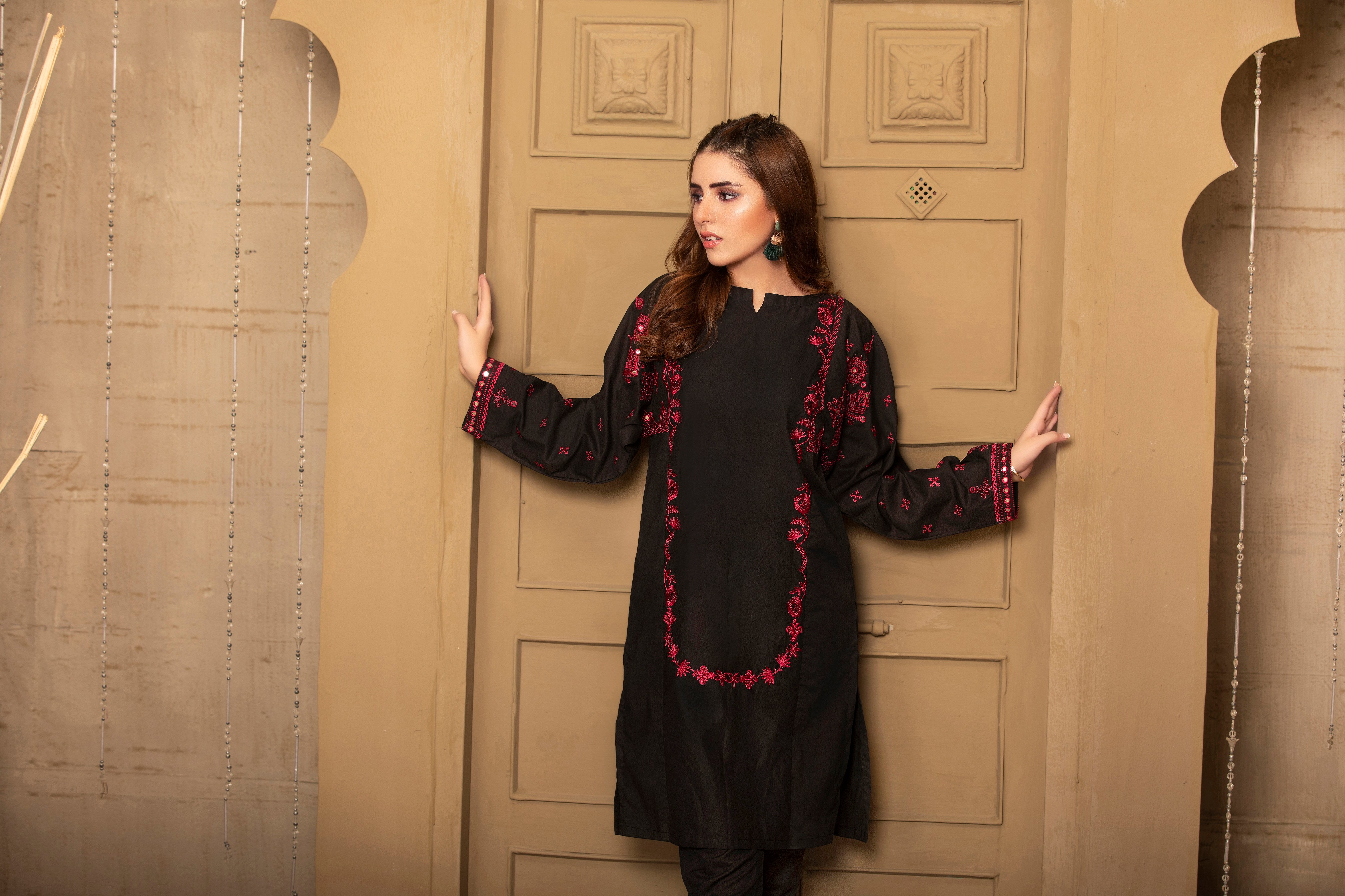 Black Suzani Stitched Embroidered Shirt with Sequin Work