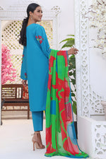 Load image into Gallery viewer, Cyan Stitched 3 Piece Embroidered Lawn Cotton Suit

