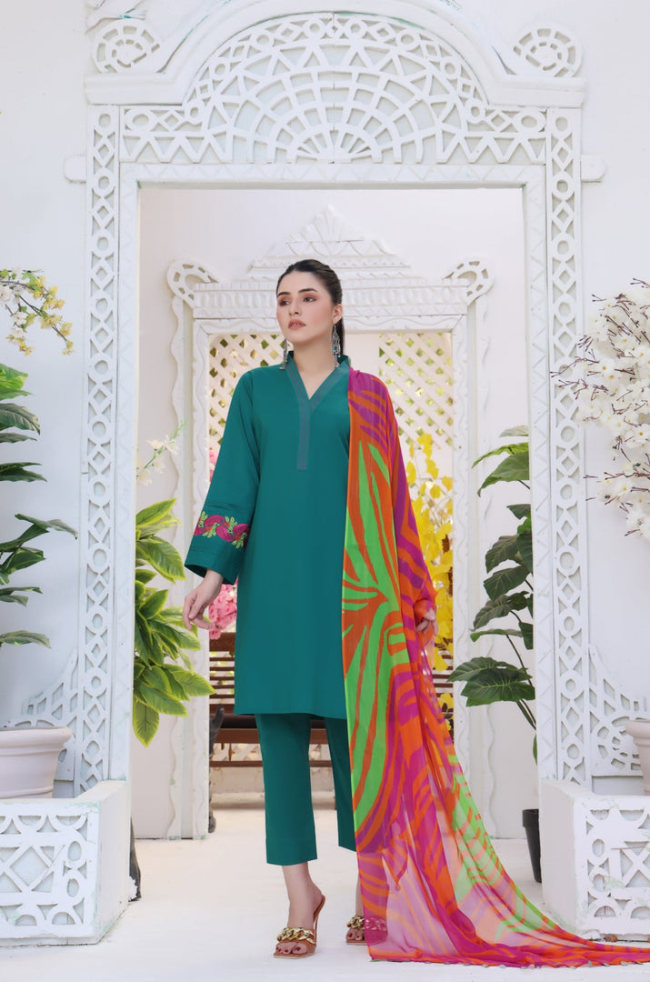 Emerald Leaves Stitched 3 Piece Embroidered Lawn Cotton Suit