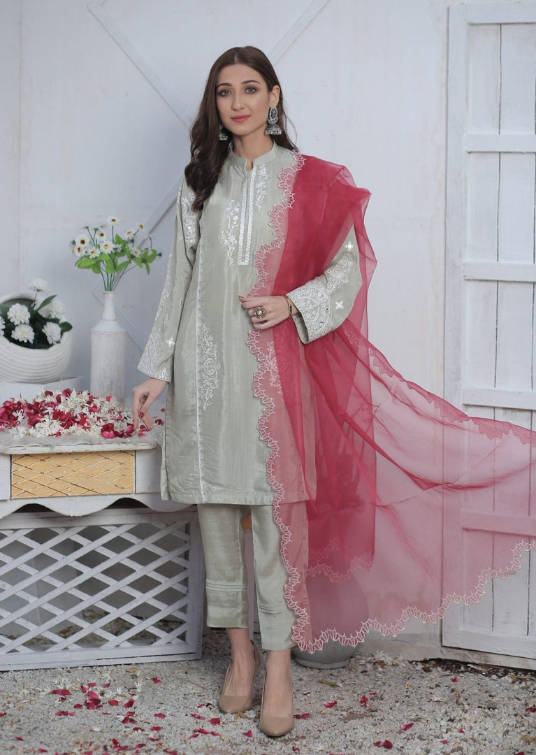 Plum Grey Stitched 3 Piece Embroidered Sequin work Silk Suit