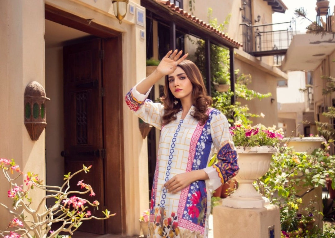 Pacific Blue Printed Lawn Shirt with Organza Details