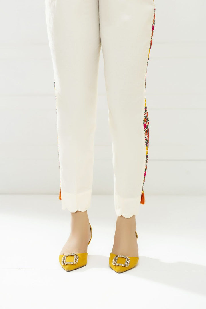 Stylized Embroidered Cotton Straight  Pants - Off White