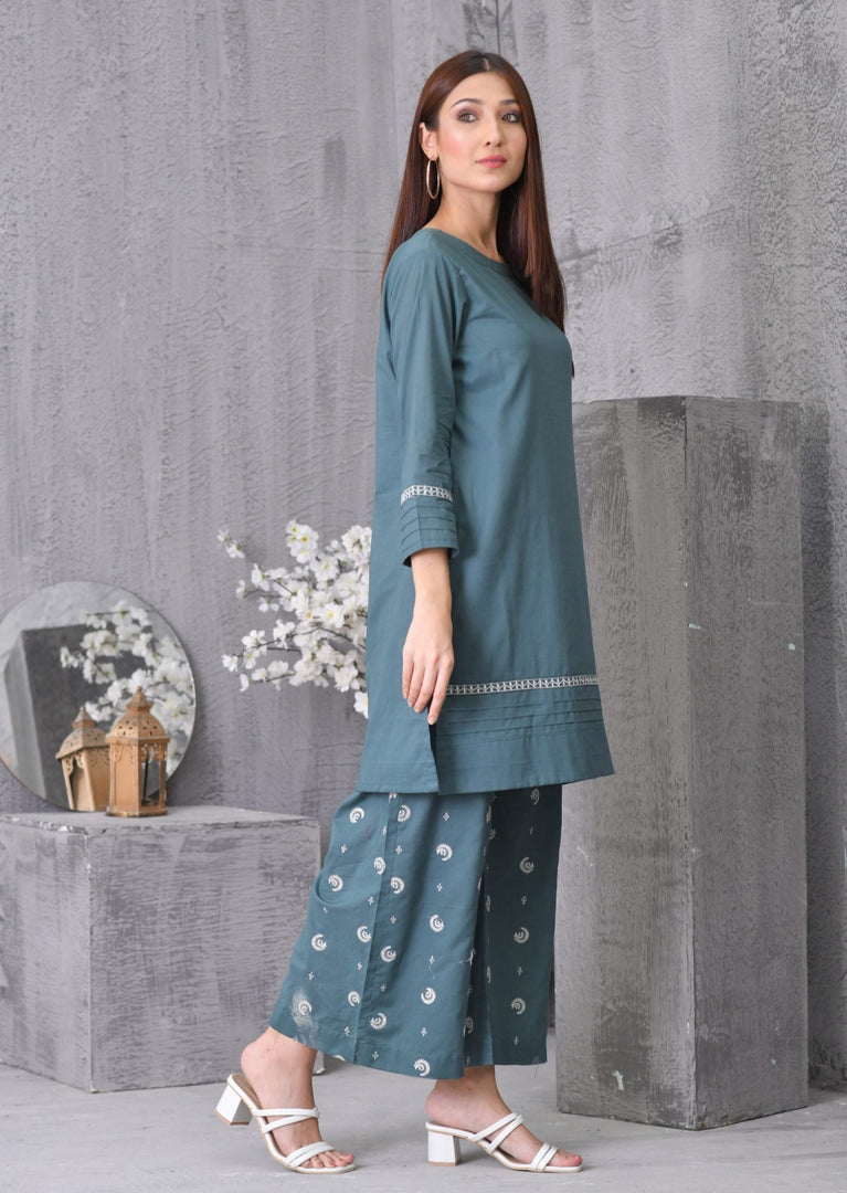Pine Green Stitched 2 Piece Suit with Embroidered Trouser