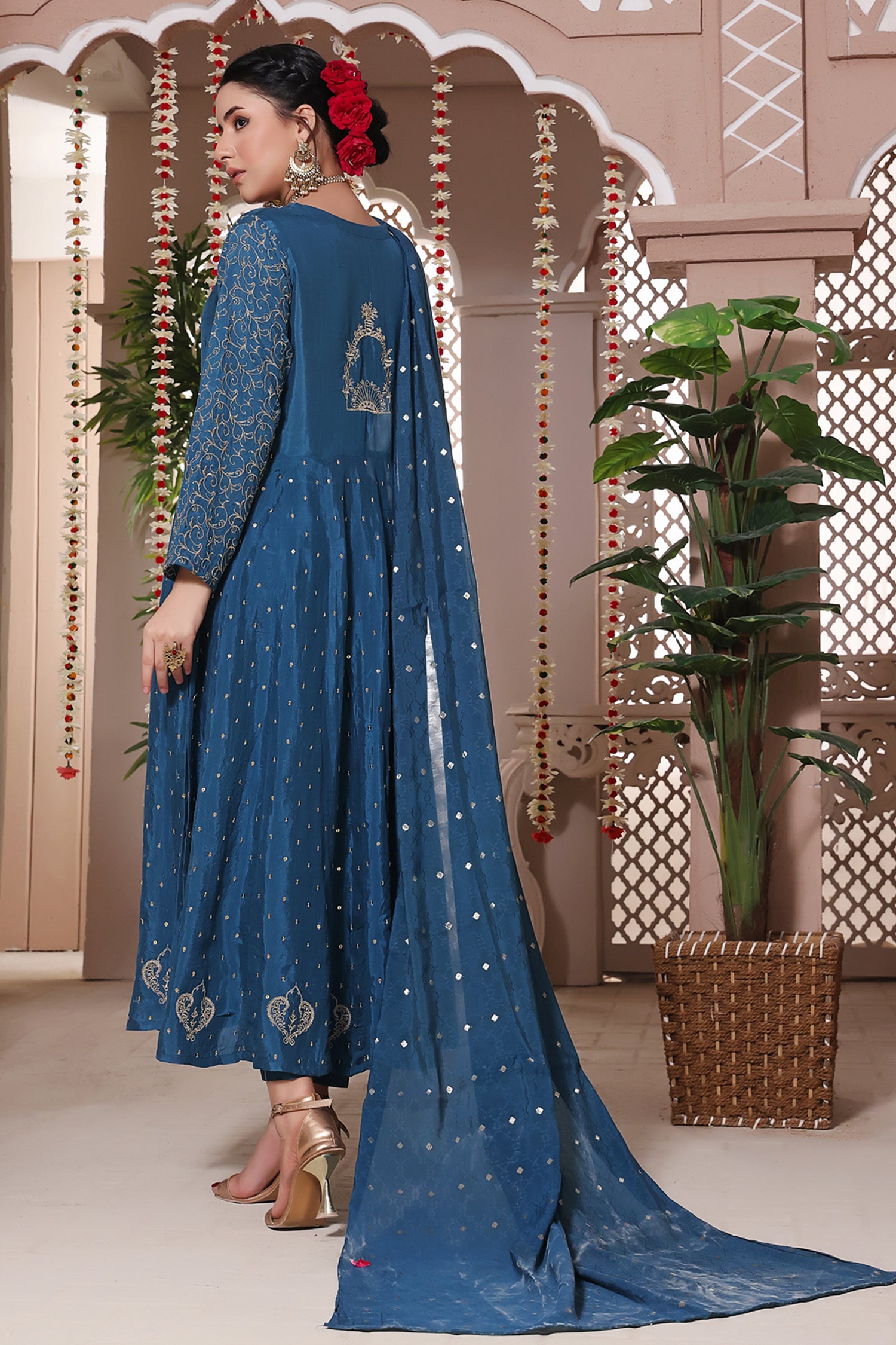 Moroccan Blue Stitched 3 Piece Embroidered Raw Silk Outfit