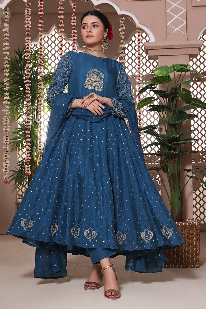Moroccan Blue Stitched 3 Piece Embroidered Raw Silk Outfit