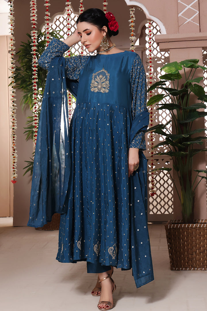 Moroccan Blue Stitched 3 Piece Embroidered Raw Silk Outfit