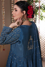 Load image into Gallery viewer, Moroccan Blue Stitched 3 Piece Embroidered Raw Silk Outfit
