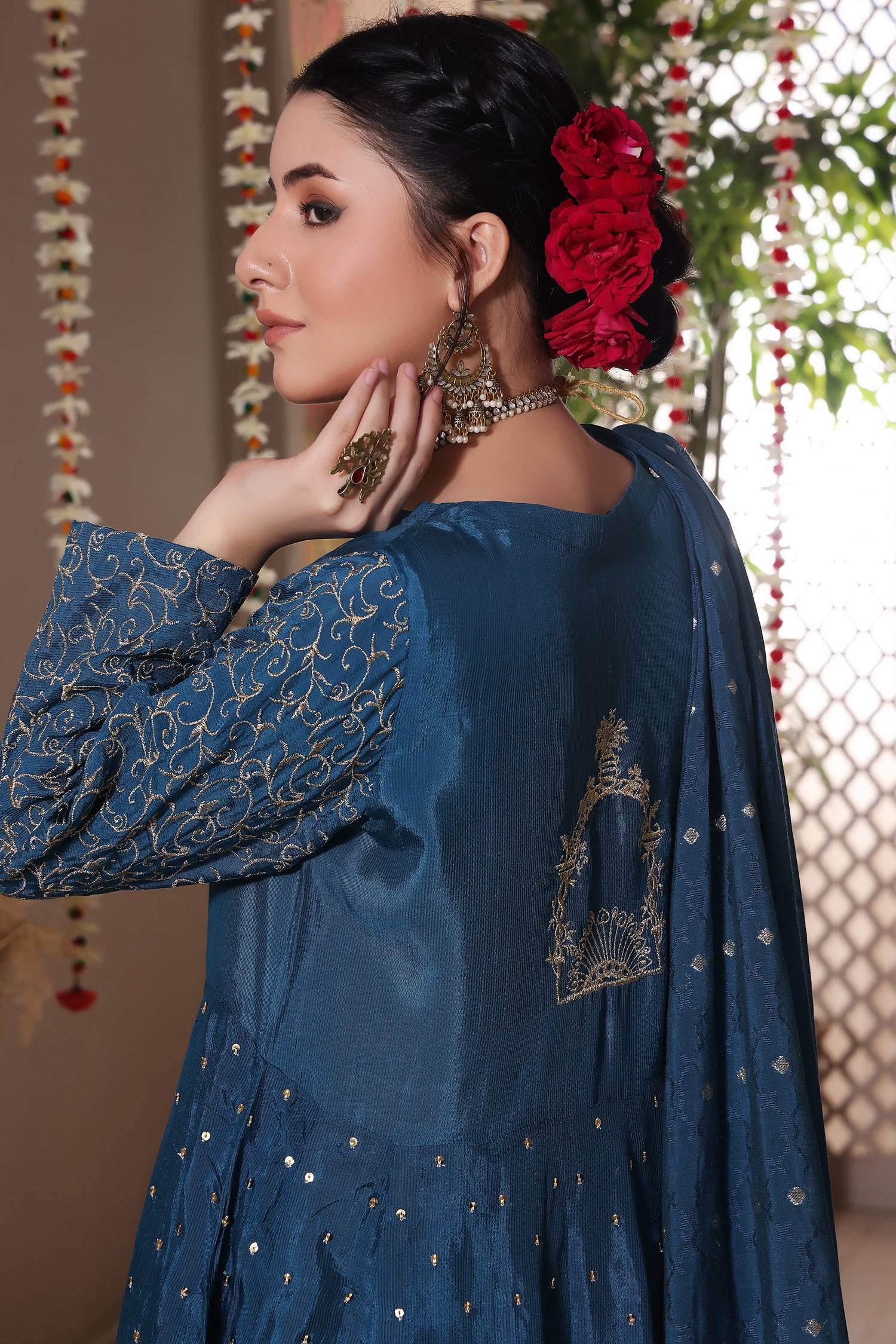 Moroccan Blue Stitched 3 Piece Embroidered Raw Silk Outfit