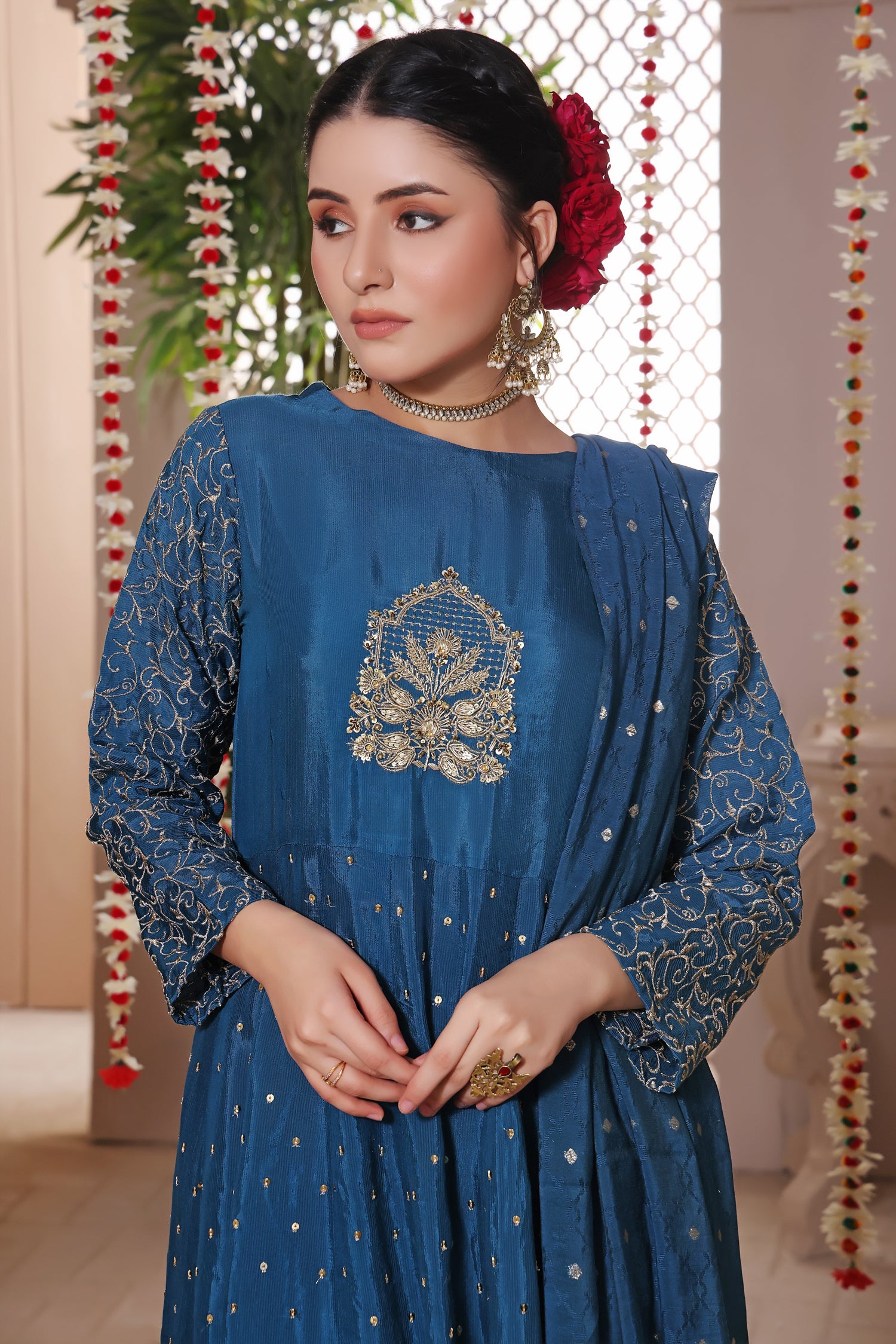 Moroccan Blue Stitched 3 Piece Embroidered Raw Silk Outfit