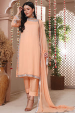 Load image into Gallery viewer, Pearl Blush Stitched 3 Piece Chiffon Suit with Silk Trouser