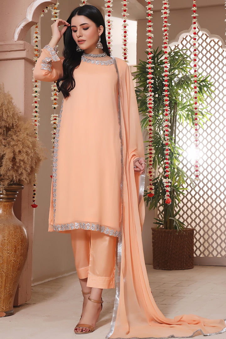 Pearl Blush Stitched 3 Piece Chiffon Suit with Silk Trouser
