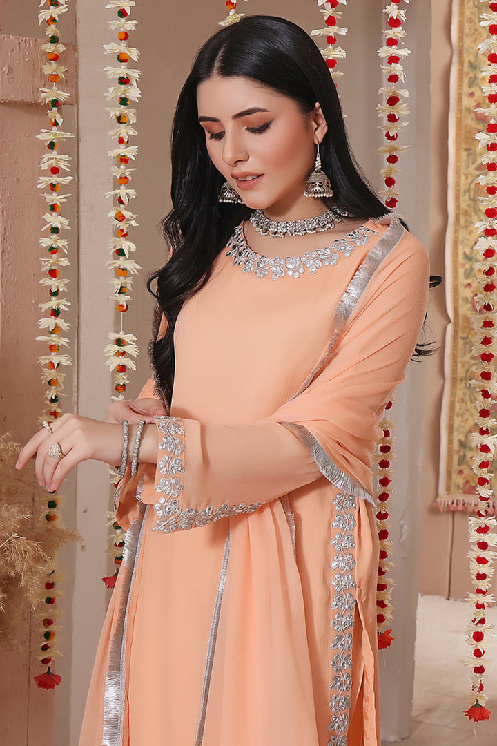 Pearl Blush Stitched 3 Piece Chiffon Suit with Silk Trouser