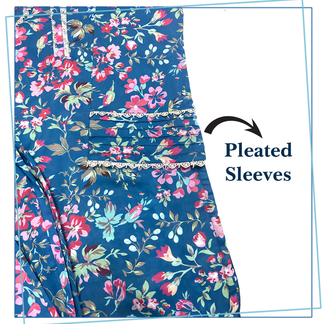 Tropical Blue Stitched 2 Piece Floral Printed Cotton Suit